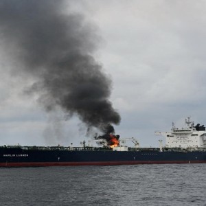 A Missile Strike from Yemen''s Houthi Rebels Sets a Cargo Ship on Fire in Gulf of Aden